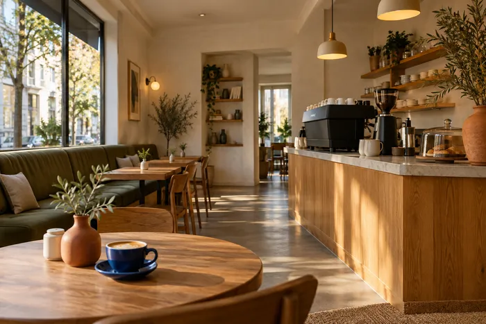 QR menü hizmetini temsil eden sıcak bir kafe iç mekânı