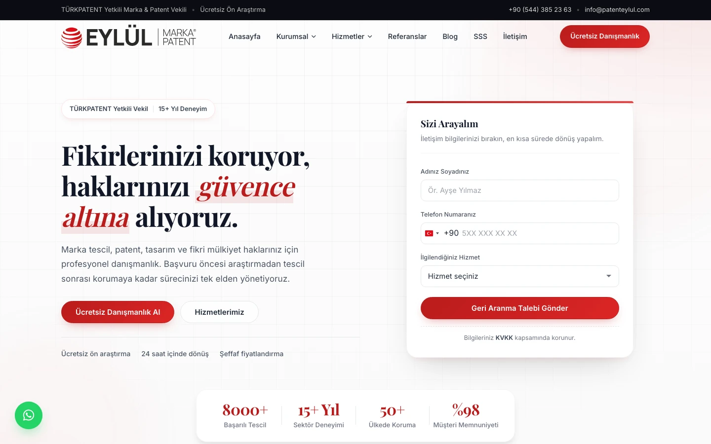 Eylül Marka Patent web sitesinin laptop ekranındaki gerçek ana sayfa görüntüsü